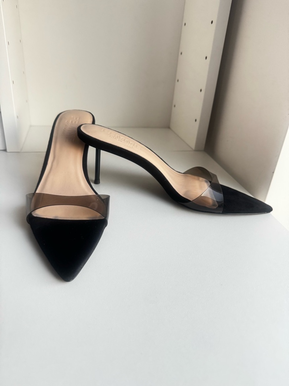 FEMME Los Angeles Black Pointed Mule with Smoky Clear Strap - Sleek Slip-On - Picture 2 of 4